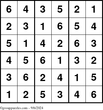 The grouppuzzles.com Answer grid for the Sudoku-6up puzzle for Friday September 6, 2024