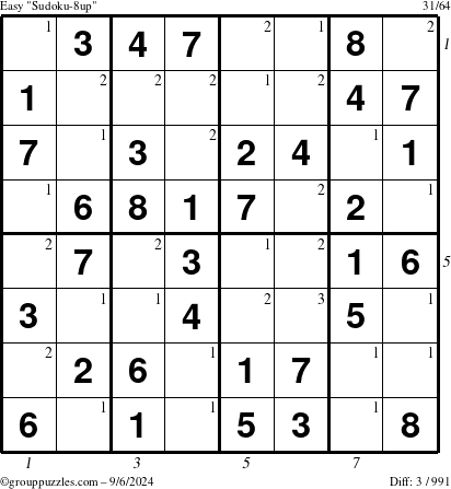 The grouppuzzles.com Easy Sudoku-8up puzzle for Friday September 6, 2024 with all 3 steps marked