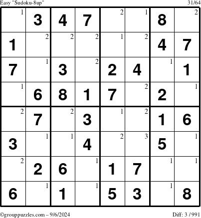 The grouppuzzles.com Easy Sudoku-8up puzzle for Friday September 6, 2024 with the first 3 steps marked