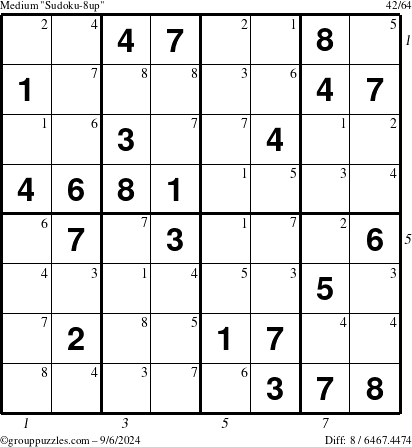 The grouppuzzles.com Medium Sudoku-8up puzzle for Friday September 6, 2024 with all 8 steps marked