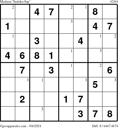 The grouppuzzles.com Medium Sudoku-8up puzzle for Friday September 6, 2024 with the first 3 steps marked