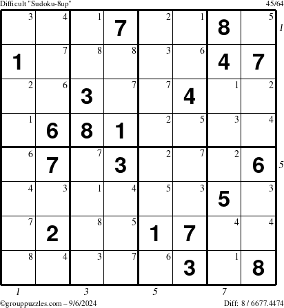 The grouppuzzles.com Difficult Sudoku-8up puzzle for Friday September 6, 2024, suitable for printing, with all 8 steps marked