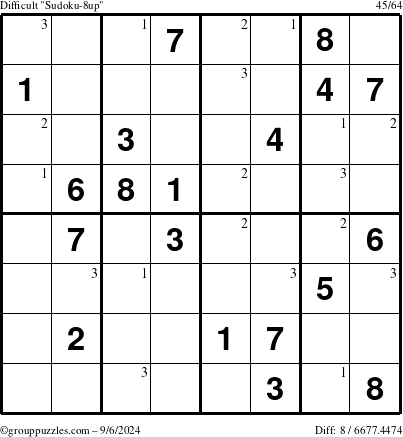 The grouppuzzles.com Difficult Sudoku-8up puzzle for Friday September 6, 2024 with the first 3 steps marked