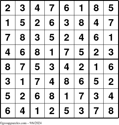 The grouppuzzles.com Answer grid for the Sudoku-8up puzzle for Friday September 6, 2024