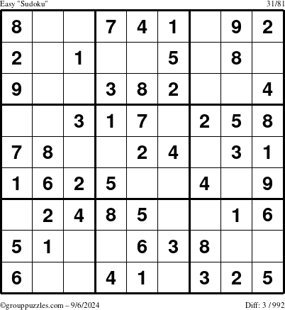 The grouppuzzles.com Easy Sudoku puzzle for Friday September 6, 2024