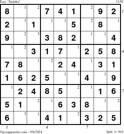 The grouppuzzles.com Easy Sudoku puzzle for Friday September 6, 2024, suitable for printing, with all 3 steps marked