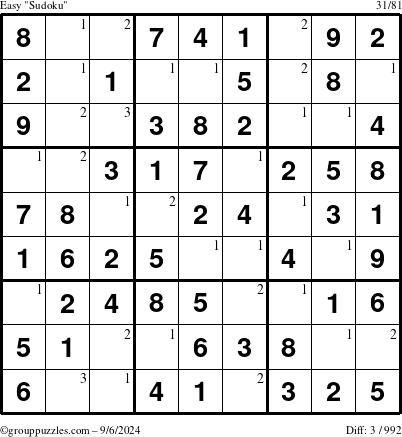 The grouppuzzles.com Easy Sudoku puzzle for Friday September 6, 2024 with the first 3 steps marked