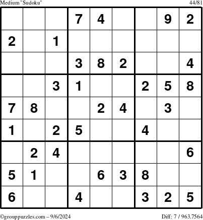 The grouppuzzles.com Medium Sudoku puzzle for Friday September 6, 2024