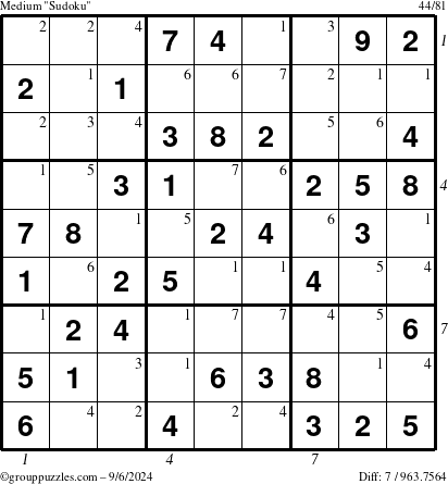 The grouppuzzles.com Medium Sudoku puzzle for Friday September 6, 2024, suitable for printing, with all 7 steps marked