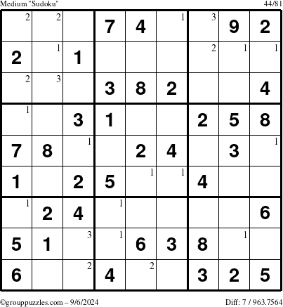 The grouppuzzles.com Medium Sudoku puzzle for Friday September 6, 2024 with the first 3 steps marked