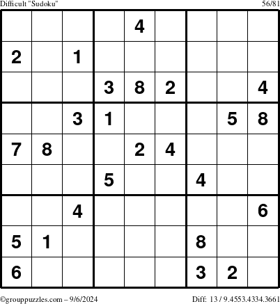 The grouppuzzles.com Difficult Sudoku puzzle for Friday September 6, 2024