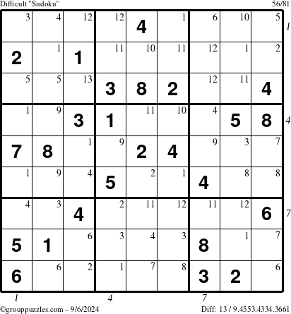 The grouppuzzles.com Difficult Sudoku puzzle for Friday September 6, 2024 with all 13 steps marked