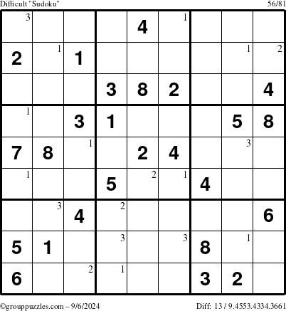 The grouppuzzles.com Difficult Sudoku puzzle for Friday September 6, 2024 with the first 3 steps marked