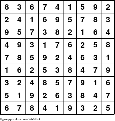 The grouppuzzles.com Answer grid for the Sudoku puzzle for Friday September 6, 2024