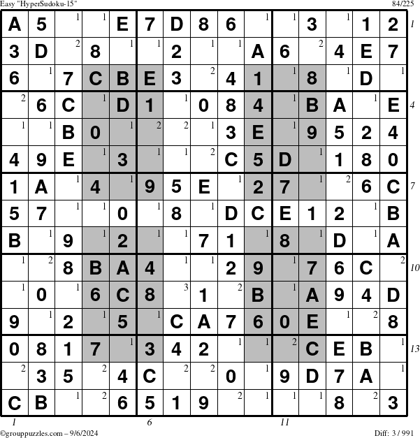 The grouppuzzles.com Easy HyperSudoku-15 puzzle for Friday September 6, 2024 with all 3 steps marked