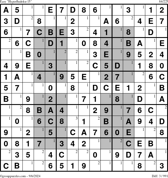 The grouppuzzles.com Easy HyperSudoku-15 puzzle for Friday September 6, 2024 with the first 3 steps marked