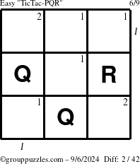 The grouppuzzles.com Easy TicTac-PQR puzzle for Friday September 6, 2024, suitable for printing, with all 2 steps marked