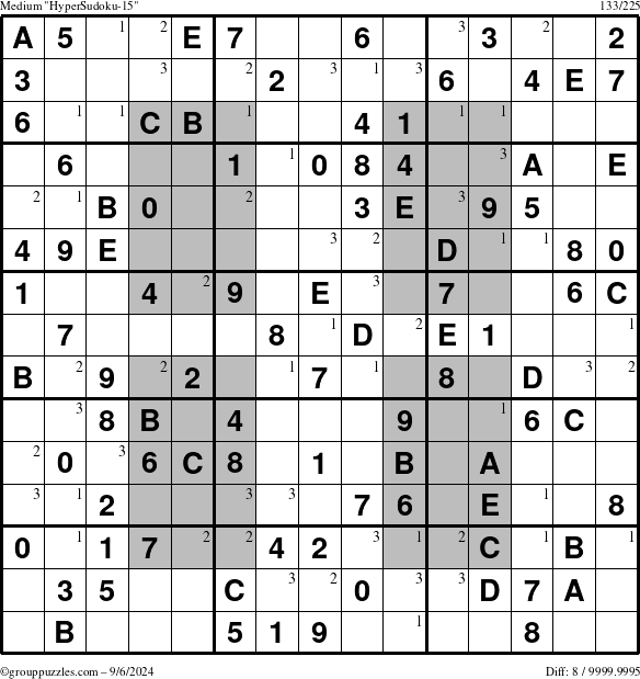 The grouppuzzles.com Medium HyperSudoku-15 puzzle for Friday September 6, 2024 with the first 3 steps marked