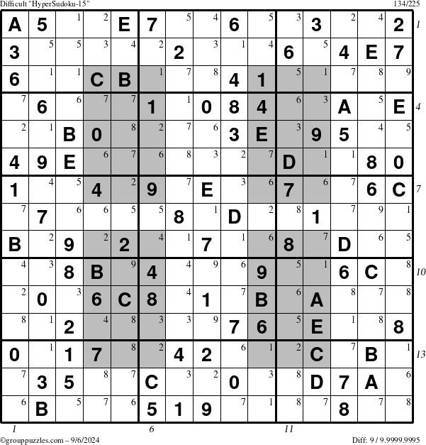 The grouppuzzles.com Difficult HyperSudoku-15 puzzle for Friday September 6, 2024, suitable for printing, with all 9 steps marked