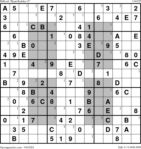 The grouppuzzles.com Difficult HyperSudoku-15 puzzle for Friday September 6, 2024 with the first 3 steps marked