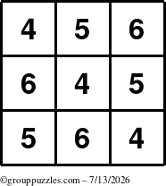 The grouppuzzles.com Answer grid for the TicTac-456 puzzle for Monday July 13, 2026