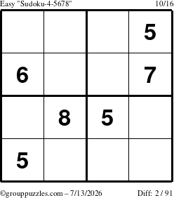 The grouppuzzles.com Easy Sudoku-4-5678 puzzle for Monday July 13, 2026