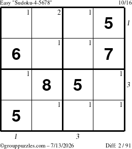 The grouppuzzles.com Easy Sudoku-4-5678 puzzle for Monday July 13, 2026 with all 2 steps marked