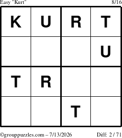 The grouppuzzles.com Easy Kurt puzzle for Monday July 13, 2026