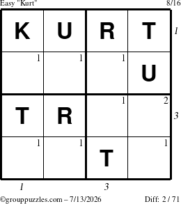 The grouppuzzles.com Easy Kurt puzzle for Monday July 13, 2026, suitable for printing, with all 2 steps marked