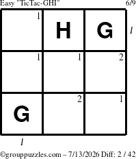 The grouppuzzles.com Easy TicTac-GHI puzzle for Monday July 13, 2026 with all 2 steps marked