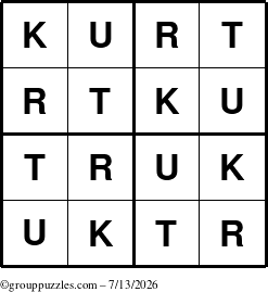The grouppuzzles.com Answer grid for the Kurt puzzle for Monday July 13, 2026