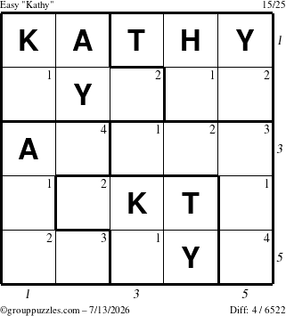 The grouppuzzles.com Easy Kathy puzzle for Monday July 13, 2026, suitable for printing, with all 4 steps marked