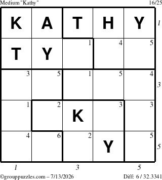 The grouppuzzles.com Medium Kathy puzzle for Monday July 13, 2026 with all 6 steps marked