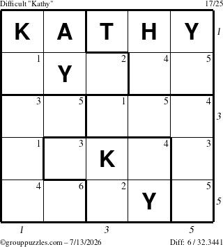 The grouppuzzles.com Difficult Kathy puzzle for Monday July 13, 2026 with all 6 steps marked