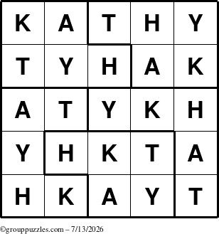 The grouppuzzles.com Answer grid for the Kathy puzzle for Monday July 13, 2026