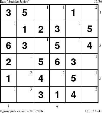 The grouppuzzles.com Easy Sudoku-Junior puzzle for Monday July 13, 2026 with all 3 steps marked
