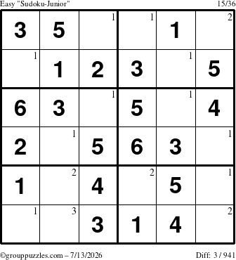 The grouppuzzles.com Easy Sudoku-Junior puzzle for Monday July 13, 2026 with the first 3 steps marked