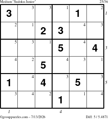 The grouppuzzles.com Medium Sudoku-Junior puzzle for Monday July 13, 2026 with all 5 steps marked