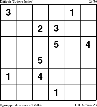 The grouppuzzles.com Difficult Sudoku-Junior puzzle for Monday July 13, 2026