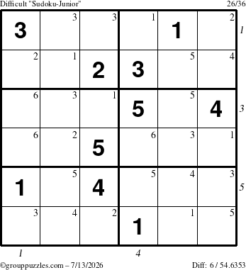 The grouppuzzles.com Difficult Sudoku-Junior puzzle for Monday July 13, 2026 with all 6 steps marked