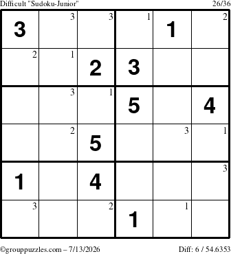 The grouppuzzles.com Difficult Sudoku-Junior puzzle for Monday July 13, 2026 with the first 3 steps marked