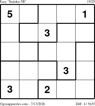 The grouppuzzles.com Easy Sudoku-5B puzzle for Monday July 13, 2026