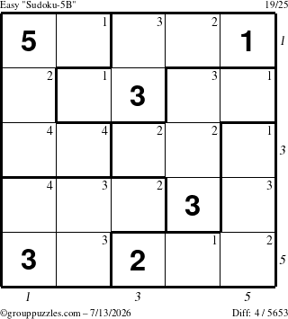 The grouppuzzles.com Easy Sudoku-5B puzzle for Monday July 13, 2026 with all 4 steps marked