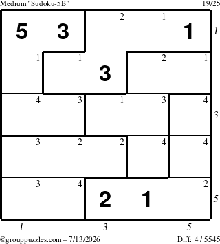 The grouppuzzles.com Medium Sudoku-5B puzzle for Monday July 13, 2026, suitable for printing, with all 4 steps marked