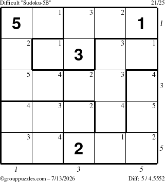The grouppuzzles.com Difficult Sudoku-5B puzzle for Monday July 13, 2026 with all 5 steps marked