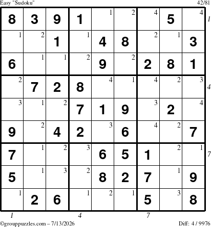 The grouppuzzles.com Easy Sudoku puzzle for Monday July 13, 2026 with all 4 steps marked