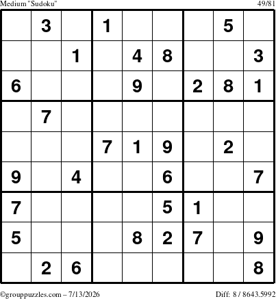 The grouppuzzles.com Medium Sudoku puzzle for Monday July 13, 2026