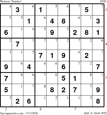 The grouppuzzles.com Medium Sudoku puzzle for Monday July 13, 2026 with all 8 steps marked