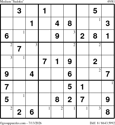 The grouppuzzles.com Medium Sudoku puzzle for Monday July 13, 2026 with the first 3 steps marked