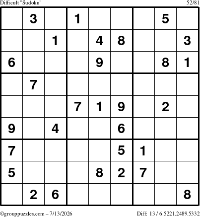 The grouppuzzles.com Difficult Sudoku puzzle for Monday July 13, 2026